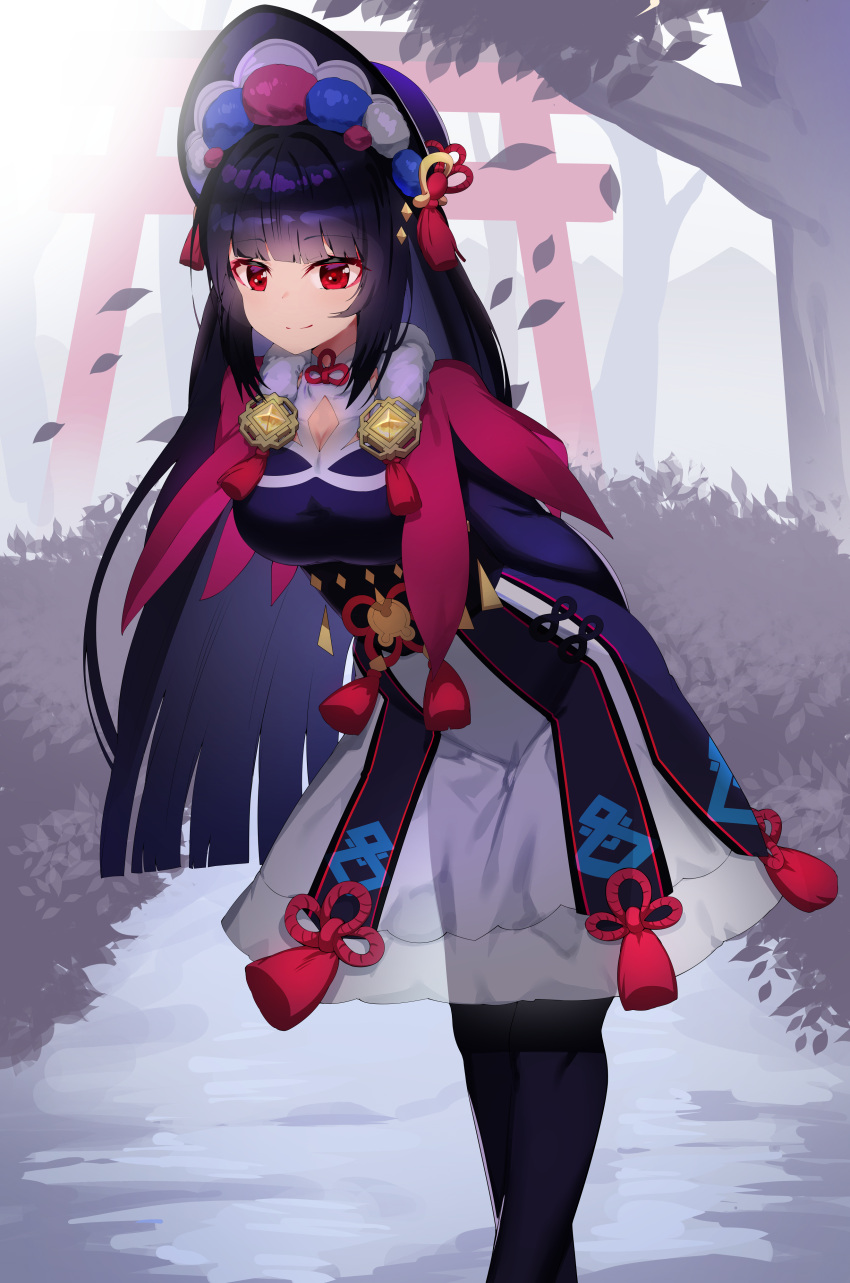 1girl absurdres arms_behind_back bangs black_hair black_pantyhose bluerabbit_gap blunt_bangs blurry breasts capelet cleavage cleavage_cutout clothing_cutout commentary depth_of_field eyeshadow falling_leaves fur-trimmed_capelet fur_trim genshin_impact hairband highres leaf leaning_forward lolita_hairband long_hair long_sleeves looking_at_viewer makeup pantyhose red_eyes see-through see-through_skirt sidelocks skirt smile solo torii tree vision_(genshin_impact) yun_jin_(genshin_impact)