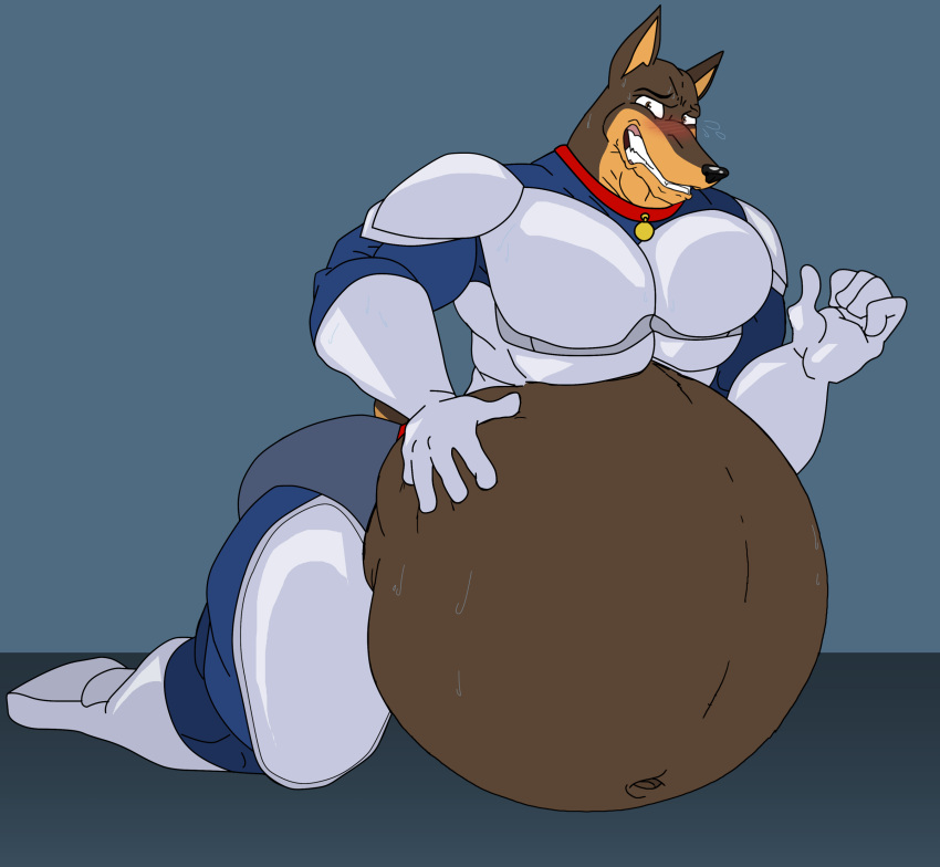 absurd_res anthro armor belly belly_inflatino belly_inflation big_belly blitz_(road_rovers) blush bodily_fluids canid canine canis domestic_dog hand_on_stomach hi_res inflation jakeshepherd502 male mammal muscular muscular_male road_rovers solo sweat