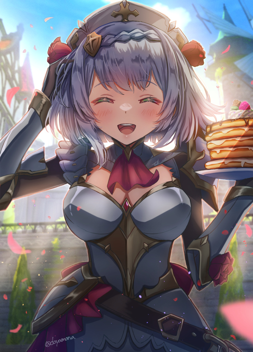 1girl 3d_background :d ^_^ ^o^ armor ascot backlighting bangs belt blunt_bangs blurry braid breastplate breasts cleavage closed_eyes commentary_request depth_of_field detached_collar doyamona falling_petals flower food gauntlets genshin_impact grey_hair hair_flower hair_ornament highres holding holding_plate long_sleeves looking_at_viewer maid maid_headdress noelle_(genshin_impact) pancake pancake_stack petals plate playing_with_own_hair red_flower red_rose rose short_hair sidelocks single_braid smile solo