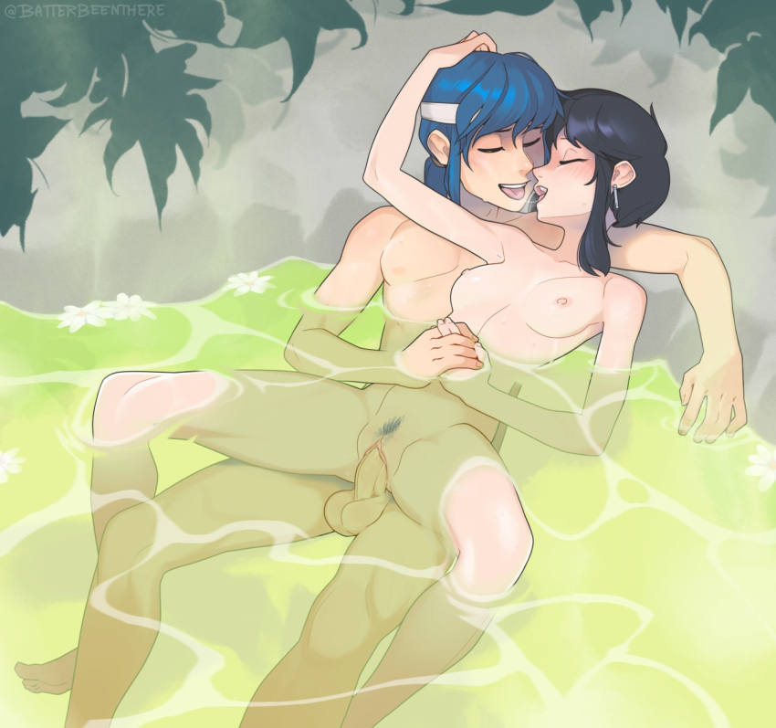 1boy 1girl bathing batterbee black_hair blue_hair blush breasts closed_eyes commission commissioner_upload couple female_pubic_hair fire_emblem fire_emblem:_genealogy_of_the_holy_war french_kiss girl_on_top hetero highres holding_hands hug kiss larcei_(fire_emblem) mixed_bathing navel nipples nude onsen outdoors partially_submerged penis pubic_hair pussy saliva saliva_trail seliph_(fire_emblem) sex short_hair spread_legs steam testicles vaginal water