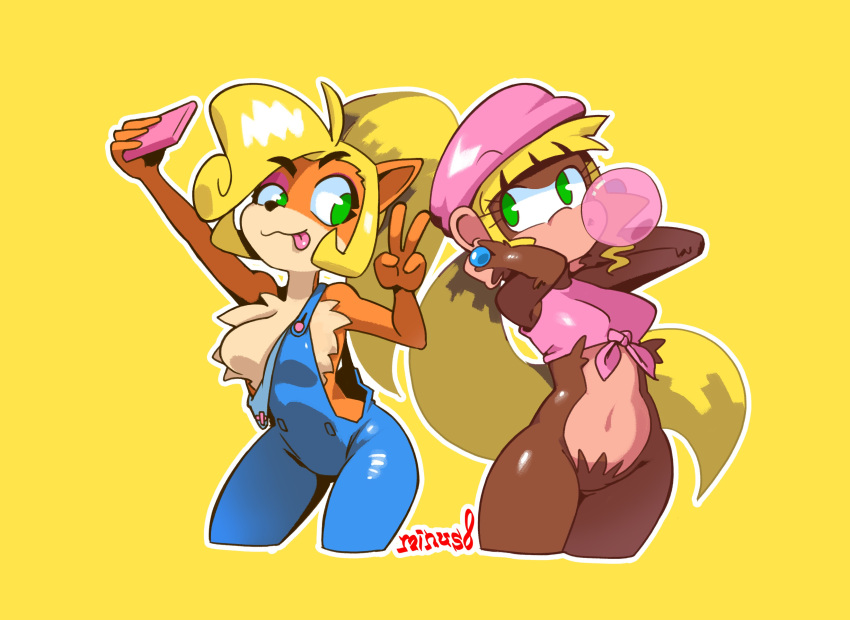 2girls absurdres adjusting_hair blonde_hair bubble_blowing cellphone chewing_gum coco_bandicoot crash_bandicoot_(series) crop_top cropped_legs crossover dixie_kong donkey_kong_(series) furry furry_female green_eyes highres minuspal monkey_girl multiple_girls overalls phone ponytail selfie shirt smartphone tied_shirt tongue tongue_out trait_connection v