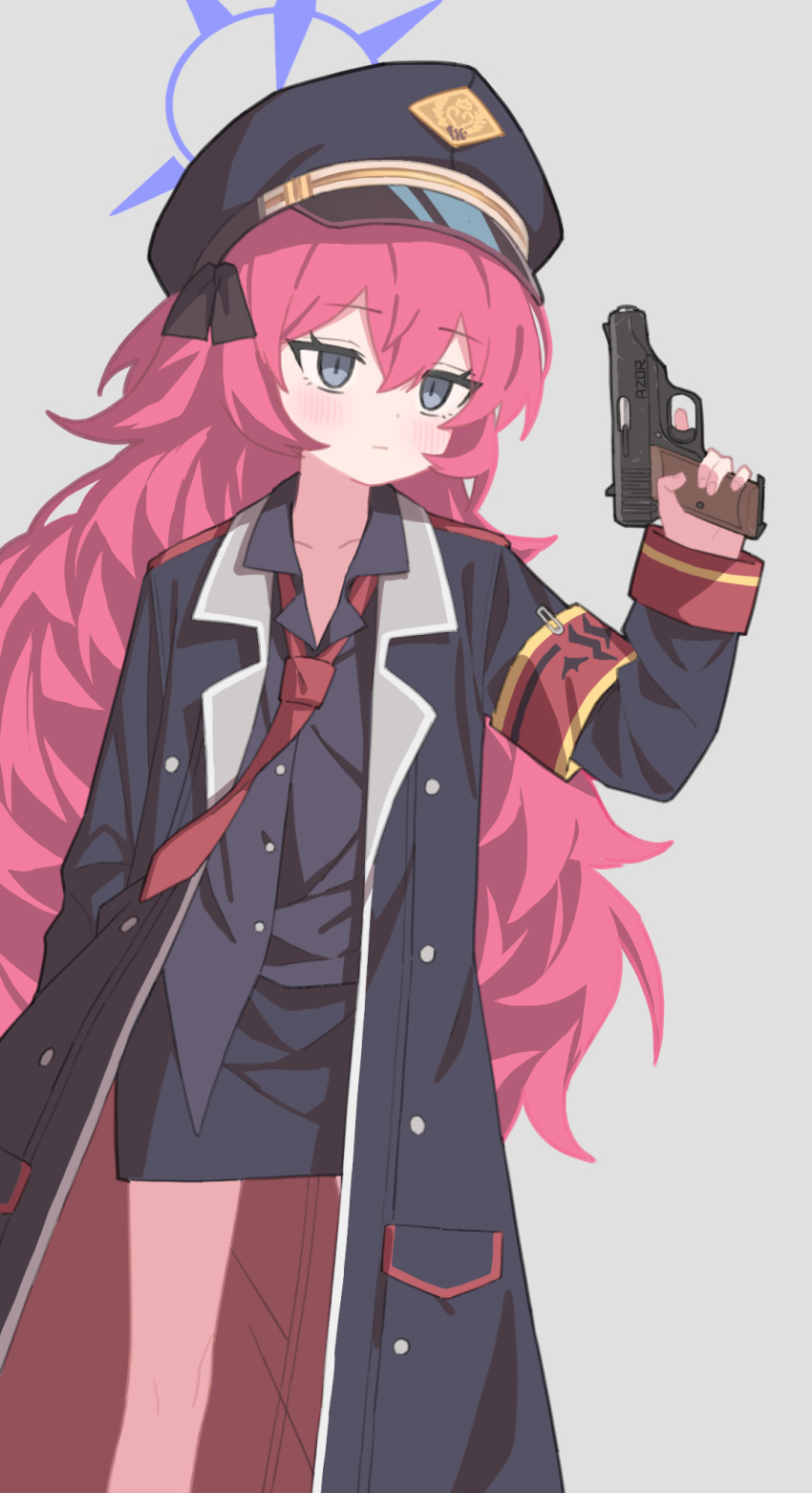 1girl armband bangs bare_legs black_coat blue_archive closed_mouth coat collarbone collared_shirt crossed_bangs expressionless feet_out_of_frame grey_background grey_eyes gun halo hand_in_pocket hand_up handgun hat highres holding holding_gun holding_weapon iroha_(blue_archive) jitome light_blush long_hair long_sleeves messy_hair military military_uniform necktie open_clothes open_coat passersby peaked_cap pencil_skirt popped_collar red_armband red_hair red_necktie safety_pin shirt sidelocks simple_background skirt slit_pupils solo uniform untucked_shirt walther walther_ppk wavy_hair weapon