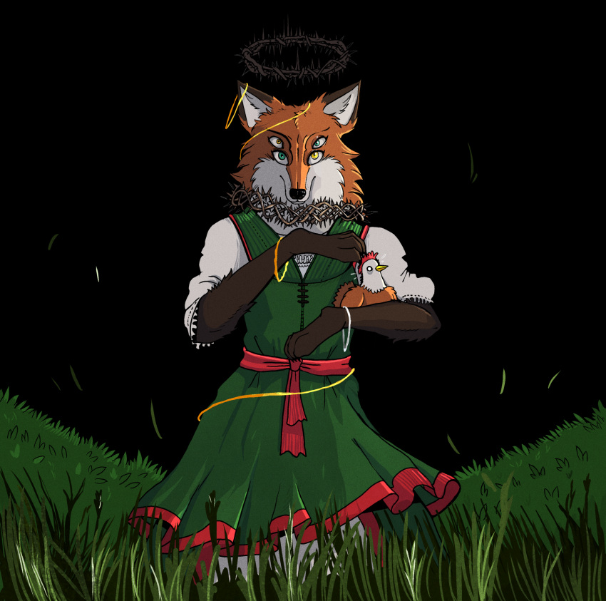 anthro avian bird black_sky bracelet canid canine chicken clothing dress duo female feral fox front_view galliform gallus_(genus) garbagegarage grass green_clothing heterochromia hi_res jewelry looking_at_viewer mammal multi_eye paws phasianid plant thorns