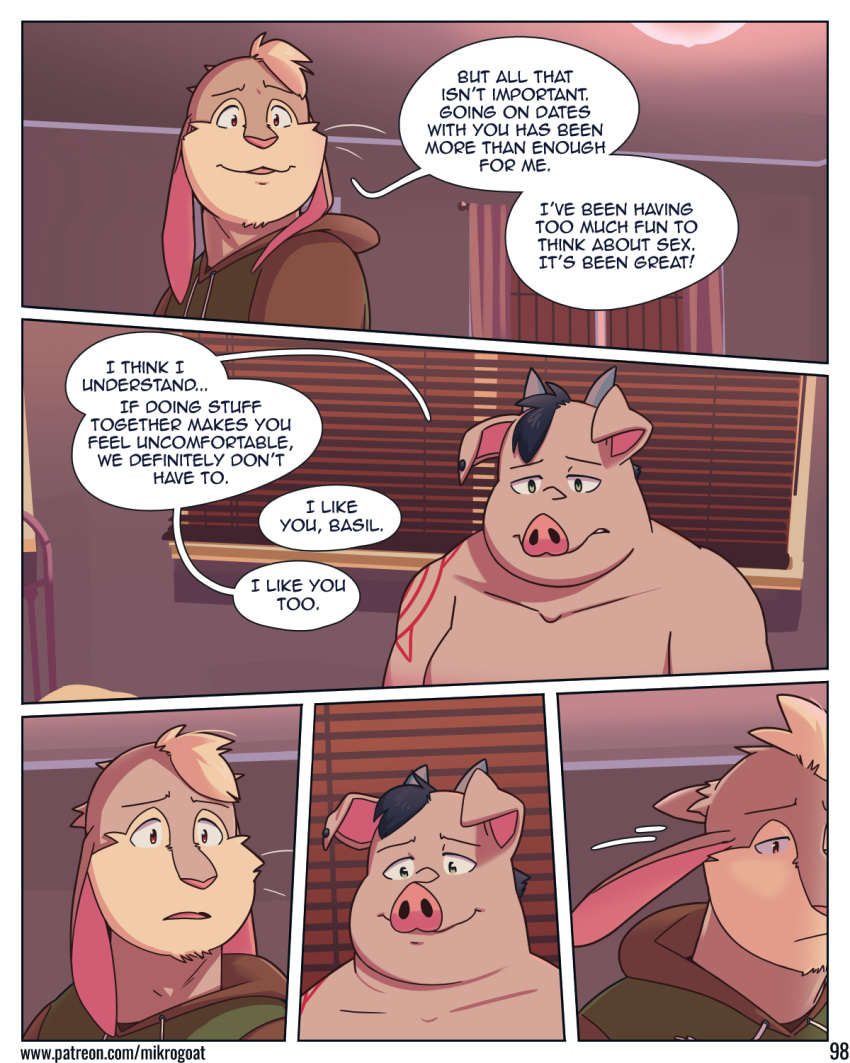 abe_(mikrogoat) anthro basil_(mikrogoat) bed bedroom blinds clothed clothing comic detailed_background dialogue digital_media_(artwork) domestic_pig duo ear_piercing english_text fur furniture hair hi_res hoodie lagomorph leporid male mammal mikrogoat motion_lines overweight overweight_male partially_clothed piercing rabbit sitting smile speech_bubble standing suid suina sus_(pig) tattoo text topwear url