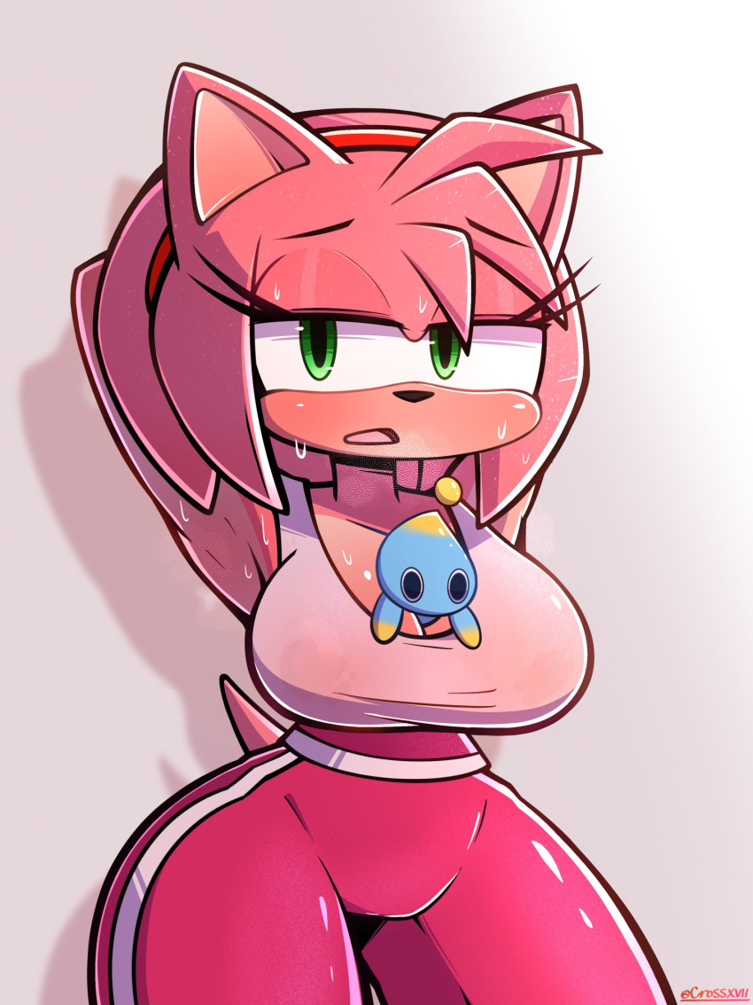 accessory ambiguous_gender amy_rose anthro between_breasts bodily_fluids bottomwear breasts breath chao_(sonic) cleavage clothed clothing crossxvii duo eulipotyphlan female fur green_eyes hair_accessory hairband hands_behind_head hedgehog hi_res mammal panting pants pink_body pink_fur sega shirt sonic_the_hedgehog_(series) sweat topwear wet wet_clothing