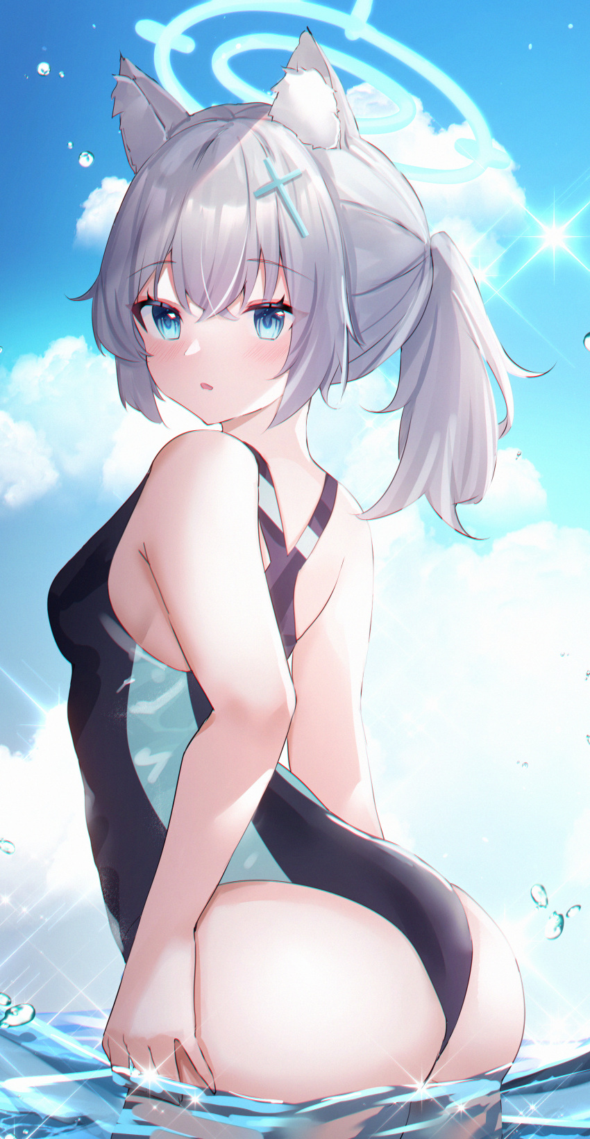 1girl absurdres animal_ear_fluff animal_ears ass bangs bare_shoulders black_one-piece_swimsuit blue_archive blue_eyes blue_sky blush breasts cat_ears cloud cloudy_sky commentary_request competition_swimsuit cowboy_shot cross_hair_ornament day extra_ears from_behind grey_hair hair_between_eyes hair_ornament halo highres looking_at_viewer looking_back medium_hair multicolored_clothes multicolored_swimsuit official_alternate_costume one-piece_swimsuit open_mouth outdoors ponytail shiroko_(blue_archive) shiroko_(swimsuit)_(blue_archive) sky small_breasts solo standing swimsuit usagi_(786113654) wading water