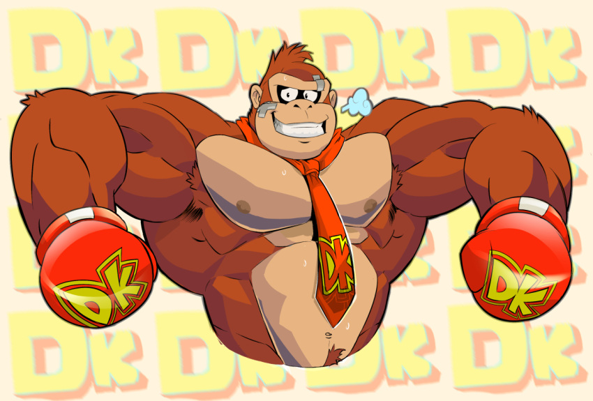 abs anthro ape band-aid bandage biceps boxing_gloves brown_body clothing donkey_kong_(character) donkey_kong_(series) gorilla half_body handwear haplorhine looking_sideways male mammal muscular muscular_anthro muscular_male necktie nintendo nipples pecs primate solo teeth thymilph video_games