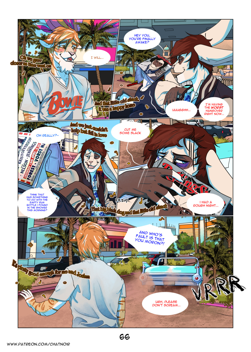 adrian_donovan aloha_shirt anthro bags_under_eyes book brother brothers car casino claws clothed clothing comic detailed_background dialogue digital_media_(artwork) domestic_cat duo english_text felid feline felis fur group hair hangover hi_res jacket joshua_reed lagomorph laudanumserum leporid letho_donovan letterman_jacket long_ears lyrics magazine male mammal music open_mouth outside palm_tree pantherine pattern_clothing pattern_shirt pattern_topwear plant rabbit shirt sibling sky smile smug speech_bubble stripes teeth text tiger tongue topwear tree trio twins url vehicle