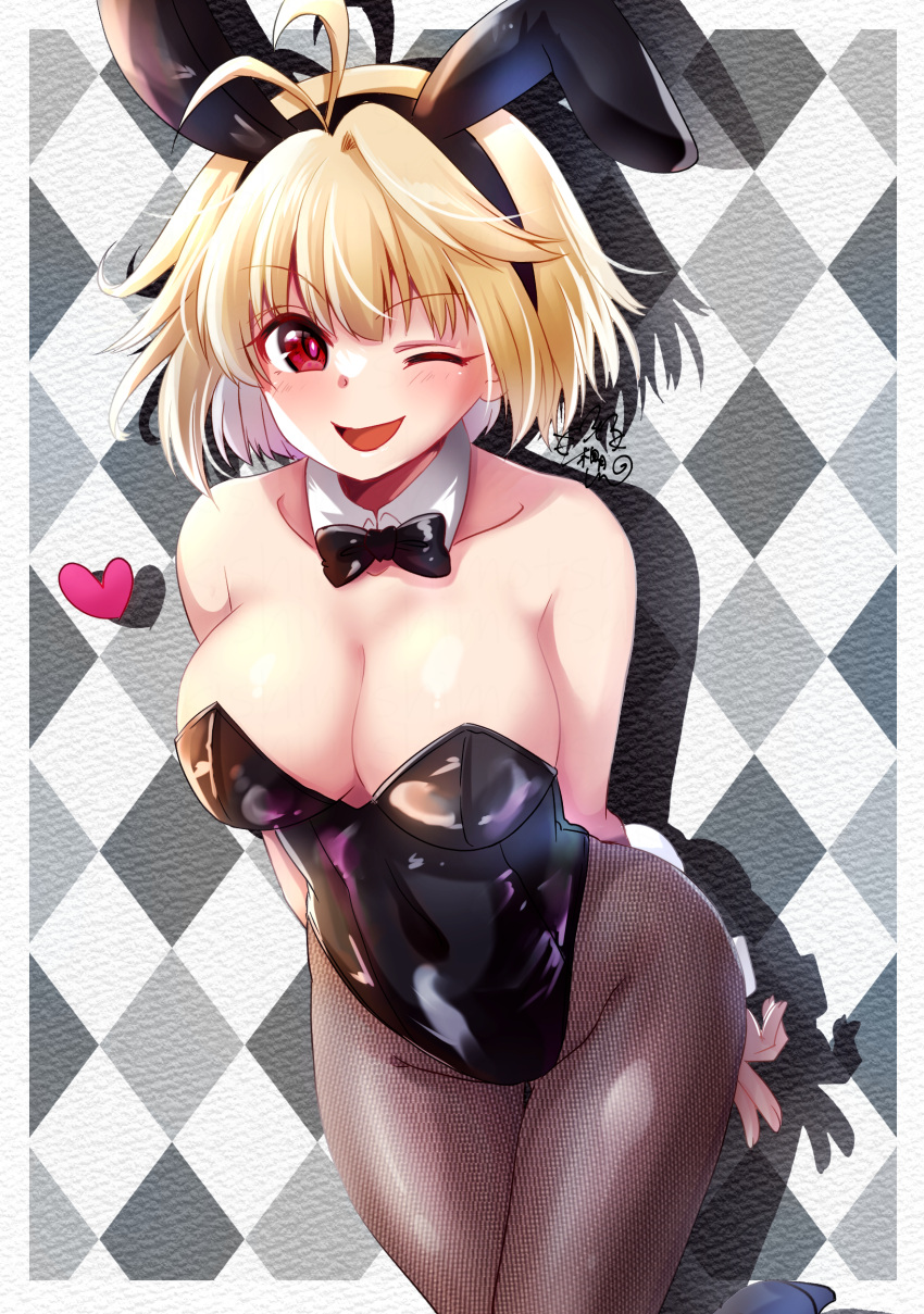 1girl absurdres alternate_costume animal_ears antenna_hair arcueid_brunestud arms_behind_back bangs bare_shoulders black_bow black_leotard black_pantyhose blonde_hair blush bow bowtie breasts cleavage collarbone commentary_request detached_collar fake_animal_ears fake_tail fishnet_pantyhose fishnets hair_between_eyes heart highres large_breasts leotard looking_at_viewer one_eye_closed open_mouth pantyhose playboy_bunny rabbit_ears rabbit_tail red_eyes shimotsukishin short_hair signature single_hair_intake smile solo strapless strapless_leotard tail tsukihime tsukihime_(remake) wrist_cuffs