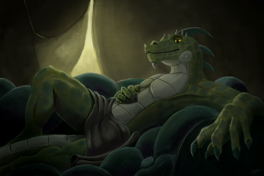 2022 3:2 anthro claws digital_drawing_(artwork) digital_media_(artwork) green_body green_scales hi_res iguanid lizard looking_at_viewer lying male multicolored_body nude on_back pillow reku_illustration reptile scales scalie shaded signature smile smiling_at_viewer solo spines tent two_tone_body widescreen yellow_eyes