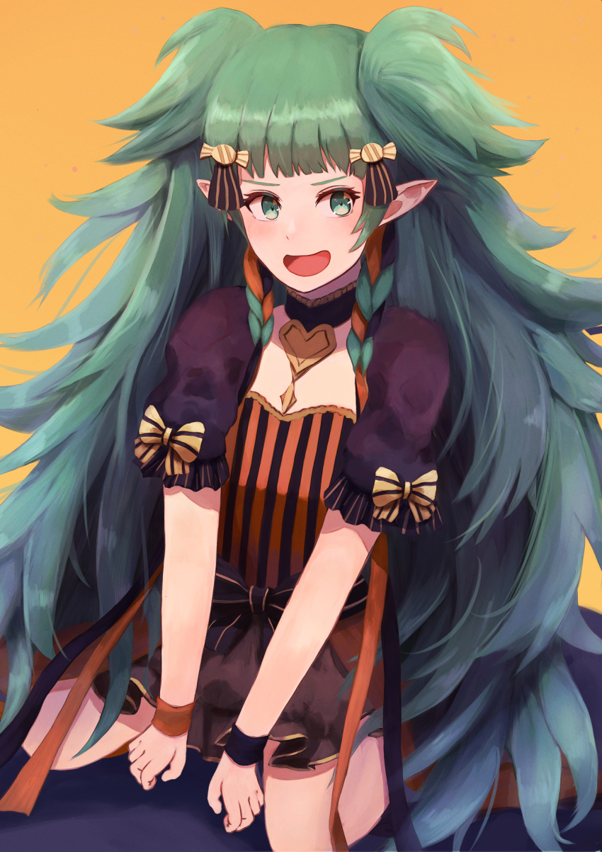 1girl :d aqua_eyes aqua_hair bangs black_choker bow brown_skirt candy_hair_ornament choker fire_emblem fire_emblem:_three_houses fire_emblem_heroes food-themed_hair_ornament frilled_choker frills gradient gradient_background hair_ornament halloween heart highres labebebe_lee long_hair miniskirt open_mouth orange_background orange_wristband pointy_ears purple_wristband shirt sitting skirt sleeve_bow smile solo sothis_(fire_emblem) striped striped_bow striped_shirt twintails vertical-striped_shirt vertical_stripes very_long_hair wristband yellow_bow