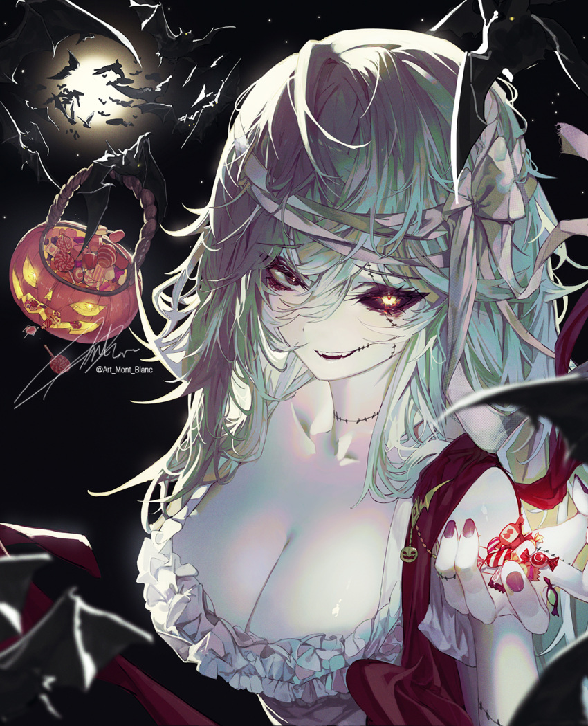 1girl bangs bat_(animal) black_background black_eyes black_sclera breasts candy cleavage colored_sclera colored_skin food full_moon grey_hair grey_skin hair_between_eyes hair_ribbon halloween_bucket heterochromia highres holding holding_candy holding_food jack-o'-lantern large_breasts long_hair looking_at_viewer mismatched_sclera mont_blanca moon original parted_lips red_nails ribbon shirt solo upper_body white_shirt yellow_eyes