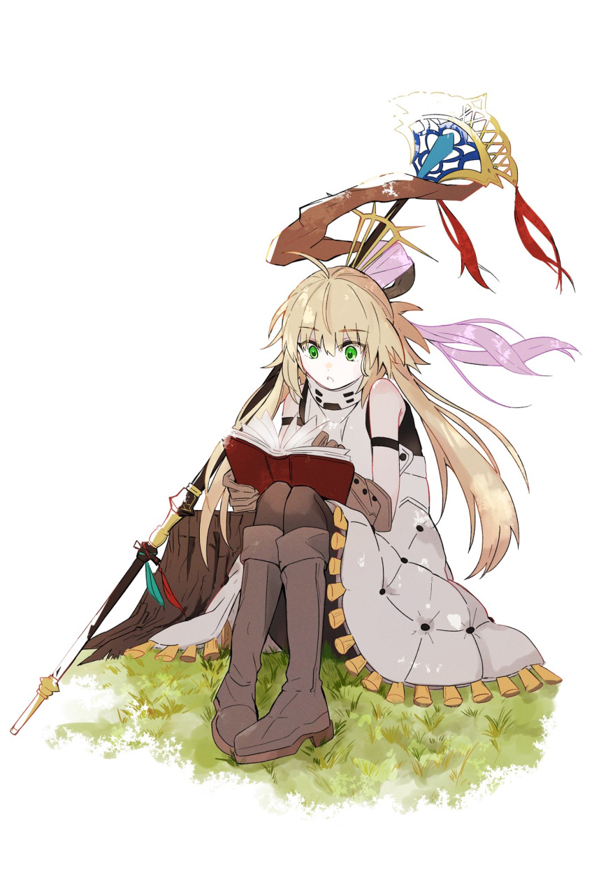 1girl ahoge artoria_caster_(fate) artoria_caster_(first_ascension)_(fate) artoria_pendragon_(fate) bangs bare_shoulders black_pantyhose blonde_hair book brown_footwear brown_gloves colored_skin fate/grand_order fate_(series) gloves grass green_eyes hair_between_eyes highres holding holding_book long_fall_boots on_grass open_mouth pantyhose pink_ribbon red_ribbon ribbon shusun_sun sitting skirt solo staff twintails vest white_background white_skin white_vest
