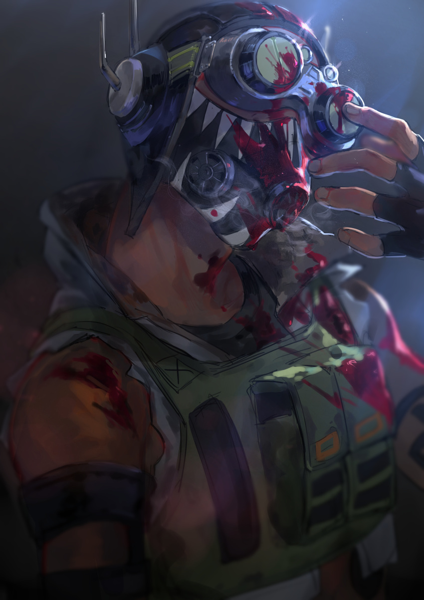 1boy absurdres apex_legends arm_strap black_background black_gloves black_headwear blood blood_on_clothes blood_on_face cropped_vest fingerless_gloves gloves goggles green_vest head_tilt highres kawaniwa male_focus octane_(apex_legends) solo vest