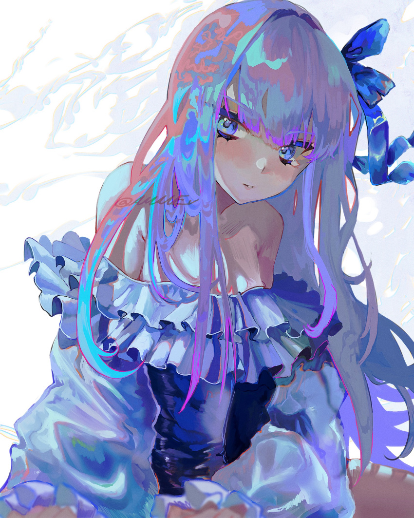 1girl armpit_crease bangs bare_shoulders blue_eyes blue_one-piece_swimsuit blue_ribbon blunt_bangs breasts expressionless fate/extra fate/extra_ccc fate/grand_order fate_(series) floating_hair frilled_swimsuit frills hair_ribbon highres iridescent leaning_forward light_blush long_hair long_sleeves looking_at_viewer meltryllis_(fate) meltryllis_(swimsuit_lancer)_(fate) meltryllis_(swimsuit_lancer)_(second_ascension)_(fate) multicolored_hair off-shoulder_one-piece_swimsuit off_shoulder one-piece_swimsuit parted_lips purple_hair ribbon shuu_(amane_v) sleeves_past_wrists small_breasts solo strapless strapless_swimsuit swimsuit twitter_username upper_body white_background white_sleeves