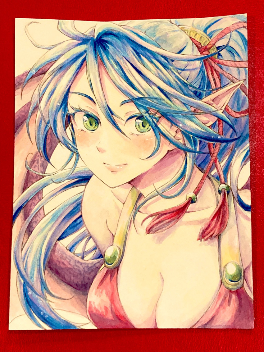 1girl blue_hair breasts breath_of_fire breath_of_fire_ii cleavage closed_mouth dragon_girl dragon_wings green_eyes hair_ribbon highres long_hair looking_at_viewer maruno monster_girl painting_(medium) patty_the_phantom_thief pointy_ears ponytail ribbon smile solo traditional_media watercolor_(medium) wings