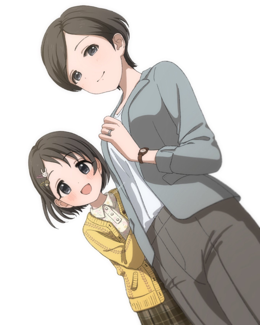 2girls bangs black_eyes black_hair blush breasts brown_pants brown_skirt buttons checkered_clothes checkered_skirt commentary dot_nose dutch_angle female_child floral_print grey_jacket hair_ornament hairclip hand_up highres idolmaster idolmaster_cinderella_girls jacket jewelry long_sleeves looking_at_viewer medium_breasts megabee_e mother_and_daughter multiple_girls open_mouth pants print_shirt rabbit_hair_ornament ring sasaki_chie sasaki_chie's_mother shirt short_hair skirt smile sweater watch wedding_ring white_background white_shirt wing_collar wristwatch yellow_sweater