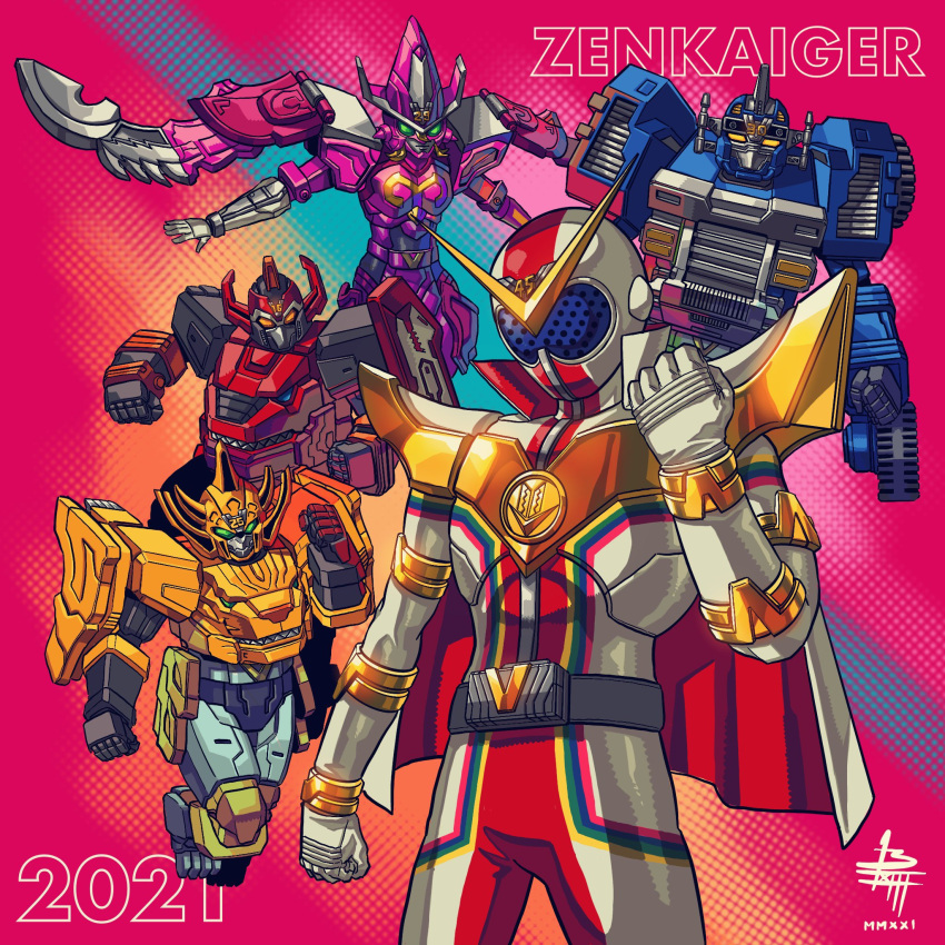 1girl 2021 4boys anniversary blue_eyes bodysuit cape clenched_hand clenched_hands dragon_wings everyone floating glowing green_eyes hat helmet highres holding holding_weapon kikai_sentai_zenkaiger lion looking_ahead looking_at_viewer mecha mr13xiii multiple_boys no_humans open_hand open_hands red_cape robot science_fiction shield solo solo_focus standing super_sentai tokusatsu tyrannosaurus_rex v-fin weapon wheel white_cape wings witch wizard wizard_hat yellow_eyes zenkai_gaon zenkai_juran zenkai_magine zenkai_vroon zenkaizer