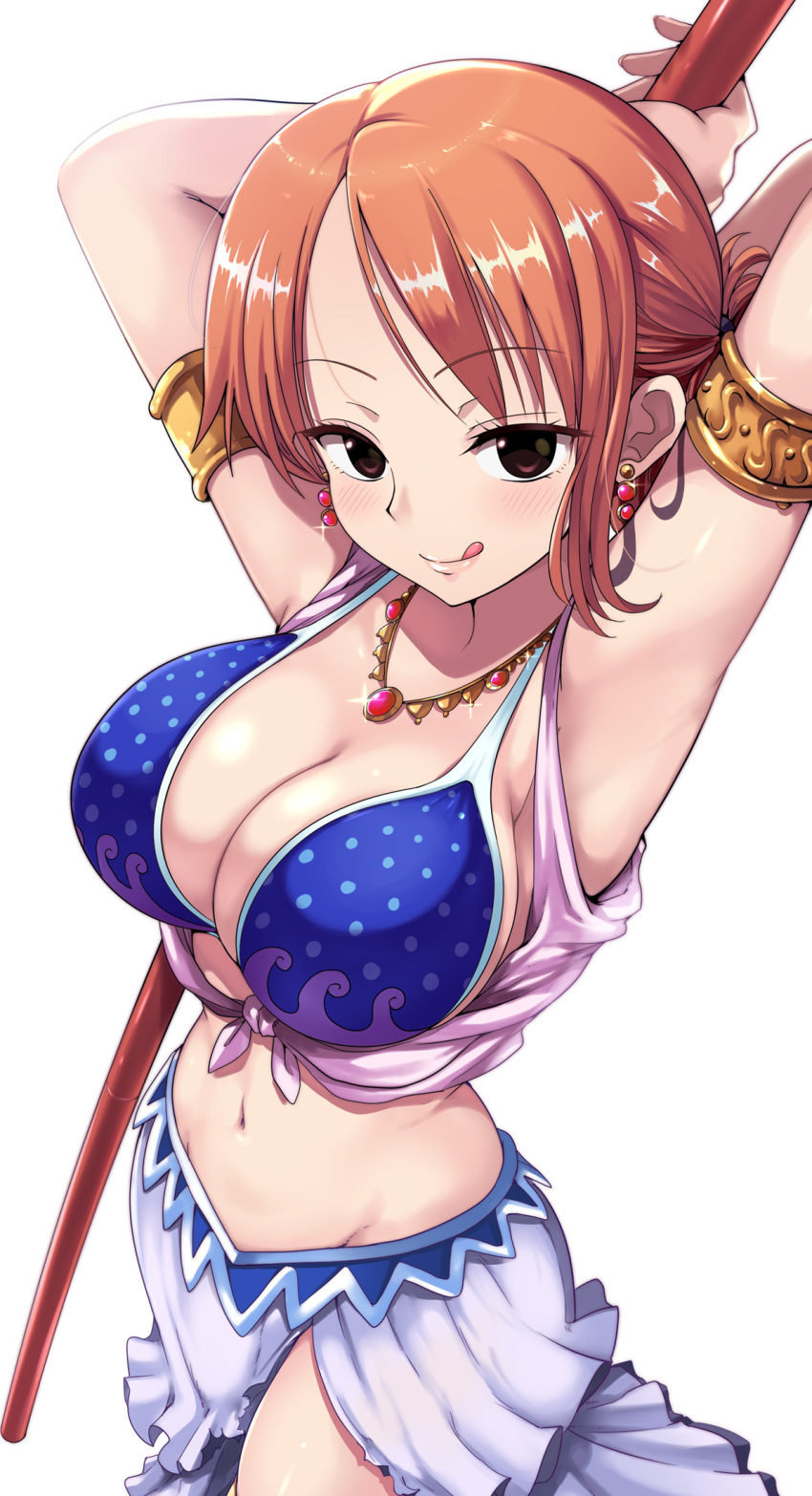 1girl :q armlet armpits arms_up bangs bare_shoulders bikini bikini_top_only blue_bikini blue_vest blush breasts cleavage clima-tact cloud collarbone commentary_request cowboy_shot day earrings groin harem_outfit hat highres holding holding_staff jewelry kasai_shin large_breasts long_skirt looking_at_viewer midriff nami_(one_piece) navel necklace one_piece orange_hair parted_bangs short_hair sidelocks simple_background skirt skull_and_crossbones smile solo staff standing swimsuit tongue tongue_out vest white_background white_skirt