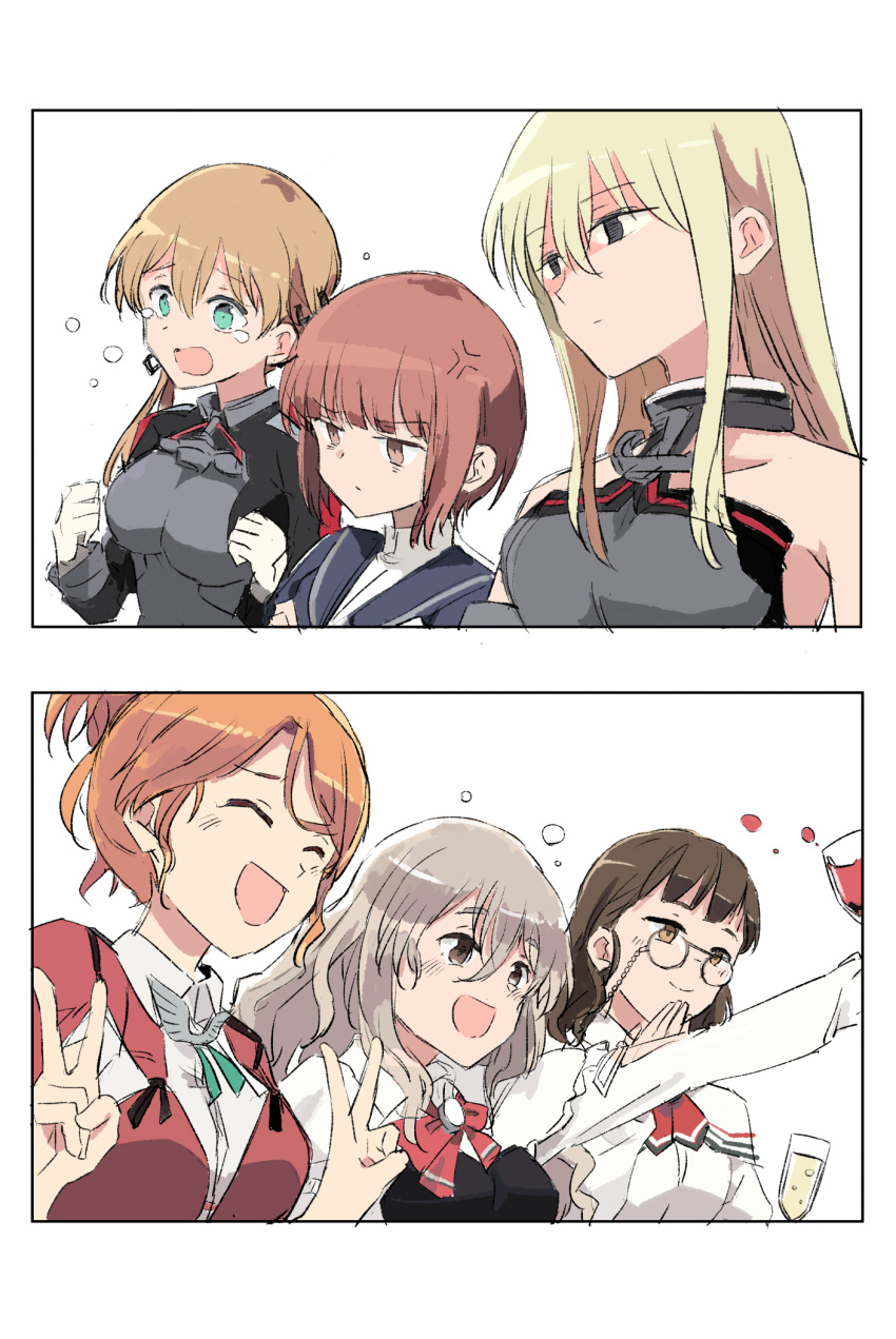 2022_fifa_world_cup 6+girls ^_^ alcohol anger_vein aquila_(kancolle) bangs bismarck_(kancolle) blonde_hair blue_sailor_collar blunt_bangs breasts brown_eyes brown_hair champagne_flute clenched_hands closed_eyes closed_mouth commentary_request crying cup double_v drinking_glass empty_eyes gloves grey_hair hair_between_eyes highres kantai_collection large_breasts light_brown_hair long_hair long_sleeves medium_breasts multiple_girls open_mouth pince-nez pola_(kancolle) ponytail prinz_eugen_(kancolle) roma_(kancolle) sailor_collar short_hair simple_background smile takamachiya tears twintails upper_body v white_background white_gloves wine wine_glass world_cup z3_max_schultz_(kancolle)