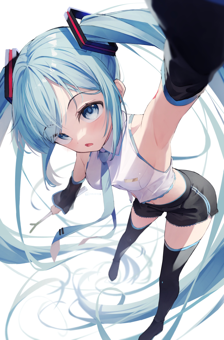 1girl absurdly_long_hair absurdres adapted_costume aqua_hair aqua_necktie arm_tattoo arm_up armpits bangs bare_shoulders black_footwear black_shorts black_sleeves black_thighhighs blue_eyes boots breasts collared_shirt commentary crop_top detached_sleeves food from_above full_body hatsune_miku highres holding holding_food holding_spring_onion holding_vegetable invisible_floor lace-trimmed_shorts lace_trim leaning_to_the_side long_hair long_sleeves looking_at_viewer looking_up medium_breasts midriff navel necktie open_mouth outstretched_arm perspective selfie shirt short_shorts shorts shun'ya_(daisharin36) sidelocks simple_background sleeveless sleeveless_shirt solo spring_onion swept_bangs symbol-only_commentary tattoo thigh_boots thighhighs twintails vegetable very_long_hair vocaloid white_background white_shirt zettai_ryouiki
