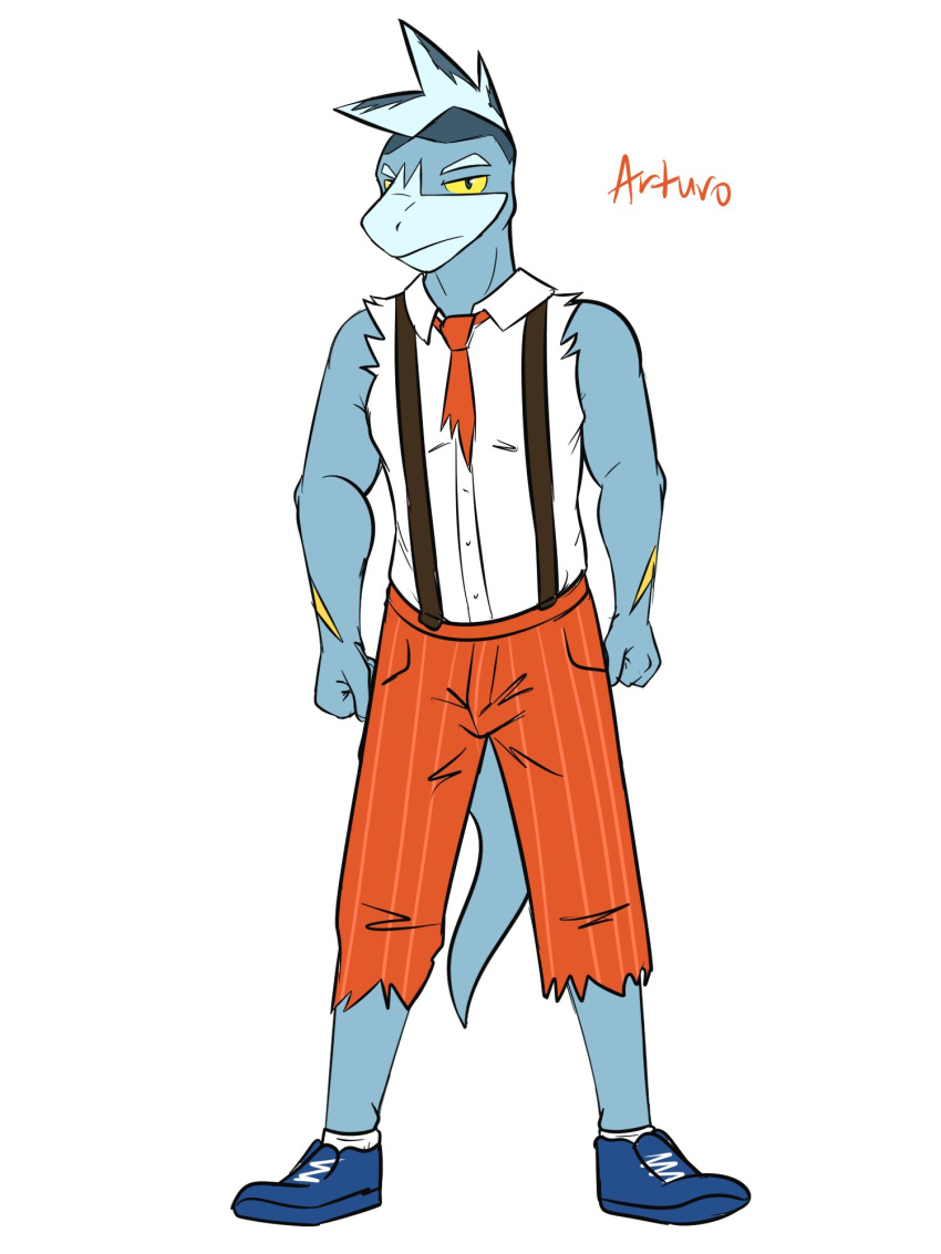 anthro anthrofied arctibax bottomwear clenched_fists clothed clothing footwear fully_clothed fuze generation_9_pokemon hi_res male necktie nintendo pants pokemon pokemon_(species) pokemorph shoes simple_background socks solo suspenders text torn_clothing torn_sleeves video_games white_background