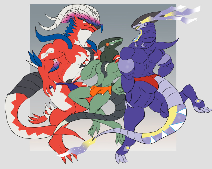 ancient_pokemon anthro anthrofied apex_build_koraidon biceps bulge claws clothing cyclizar daikuhiroshiama feathers future_pokemon generation_9_pokemon green_body group koraidon legendary_pokemon male male/male miraidon nintendo paradox_pokemon pecs pokemon pokemon_(species) purple_body red_body simple_background size_difference thong trio ultimate_mode_miraidon underwear video_games