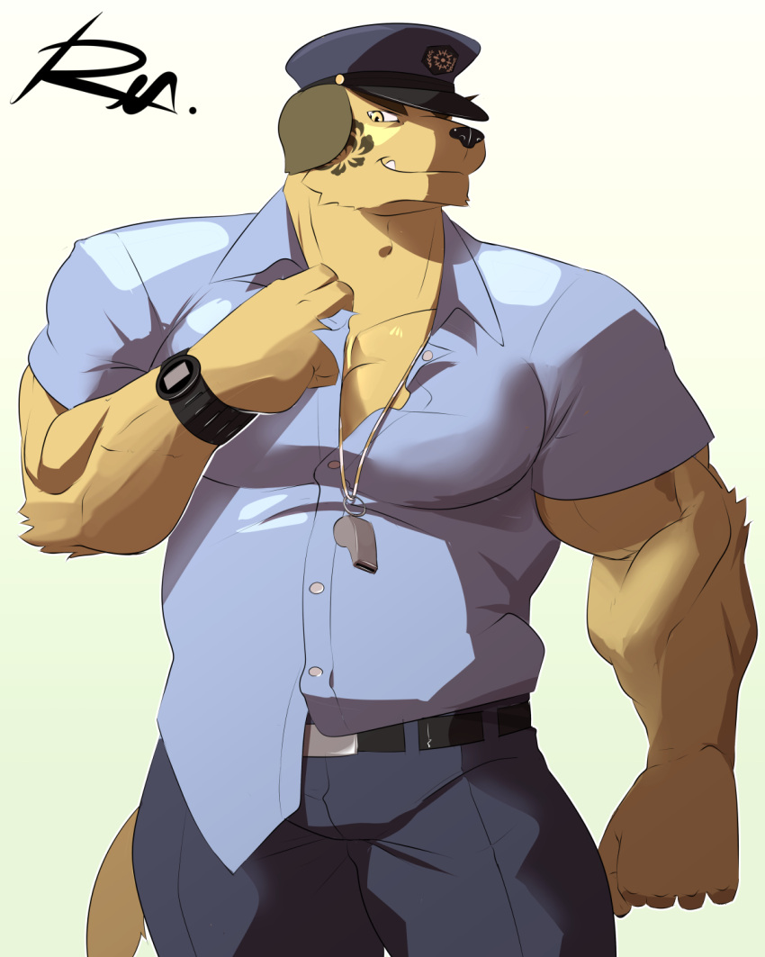 anthro biceps canid canine canis clock clothing domestic_dog facial_tattoo fur hi_res lifewonders male mammal muscular muscular_anthro muscular_male nobumichi_(tas) pecs police_hat police_uniform reclamon simple_background solo tattoo tokyo_afterschool_summoners uniform video_games watch whistle white_background wristwatch yellow_body yellow_fur