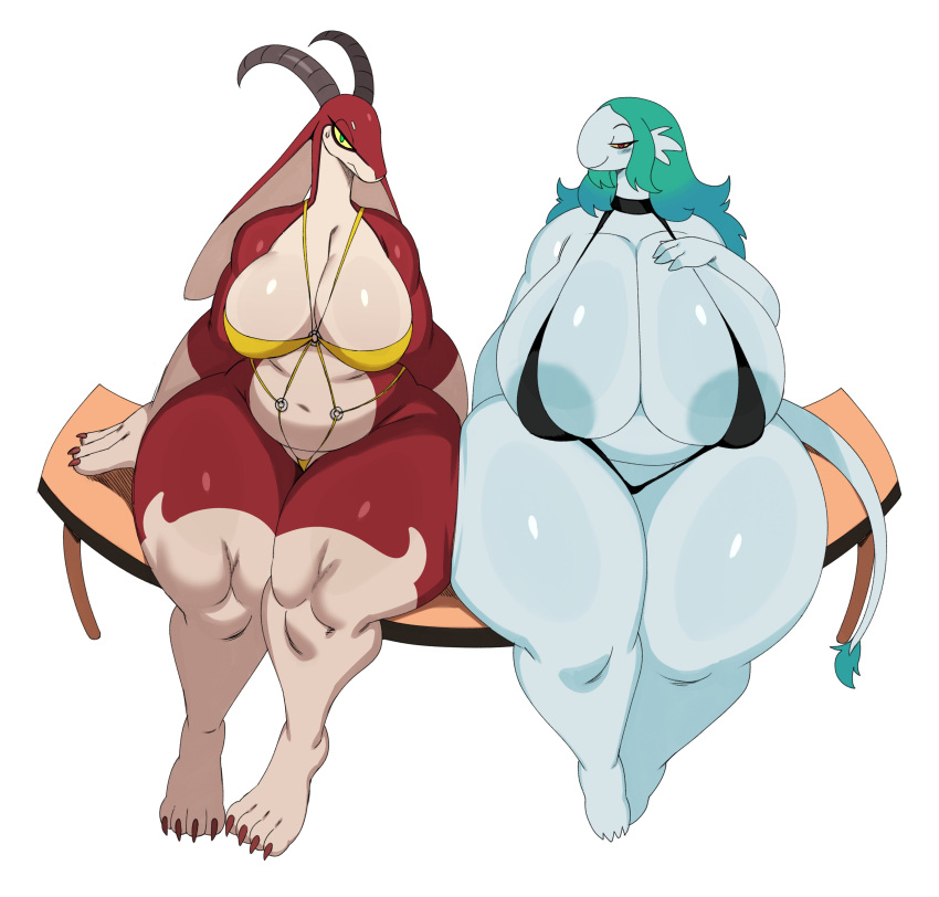 2022 absurd_res amphibian antelope anthro areola bao_(sssonic2) bedroom_eyes bench big_breasts bikini blue_areola blue_body blush bovid breasts clothing duo female frown green_eyes green_hair hair hi_res horn huge_breasts huge_hips huge_thighs looking_at_viewer mammal marine mole_salamander multicolored_body narrowed_eyes navel red_eyes salamander_(amphibian) seductive sitting slightly_chubby smile sssonic2 swimwear thick_thighs two_tone_body wide_hips