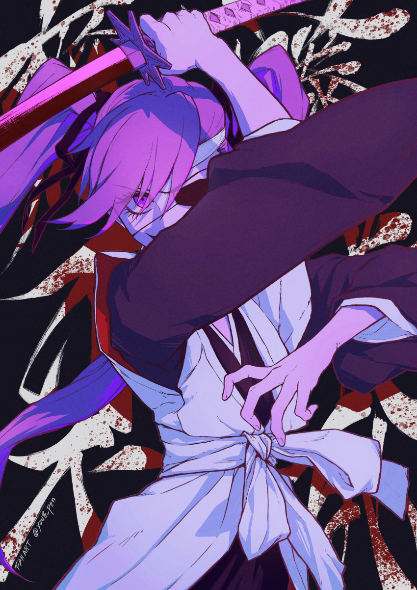 1girl absurdres bangs black_background black_ribbon bleach bleach:_the_thousand-year_blood_war blood eyepatch hair_between_eyes haori highres japanese_clothes kanji katana long_hair long_sleeves looking_at_viewer obi purple_eyes purple_hair ribbon saitou_furoufushi sash shinigami smile solo sword twintails weapon you8