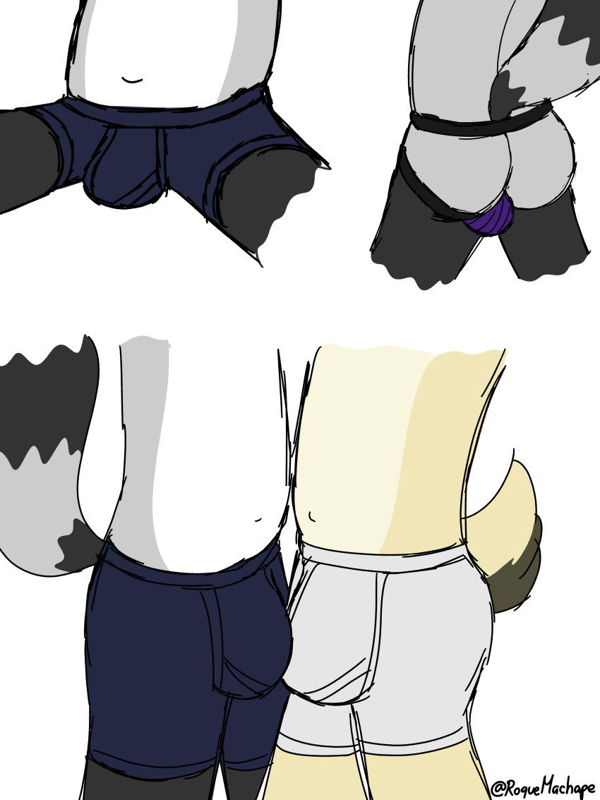 absurd_res anthro balls biped bovid boxer_briefs boxers_(clothing) boxers_only bulge bulge_frottage butt caprine clothed clothing digital_media_(artwork) duo frottage fur genitals goat grey_body grey_fur hair hi_res jockstrap jockstrap_only male male/male mammal markings navel nub_tail procyonid raccoon ring_(marking) ringtail roquemapache roquemapache_(artist) sex signature simple_background tail_markings text topless underwear underwear_only white_body xipe_totec_(roquemapache)