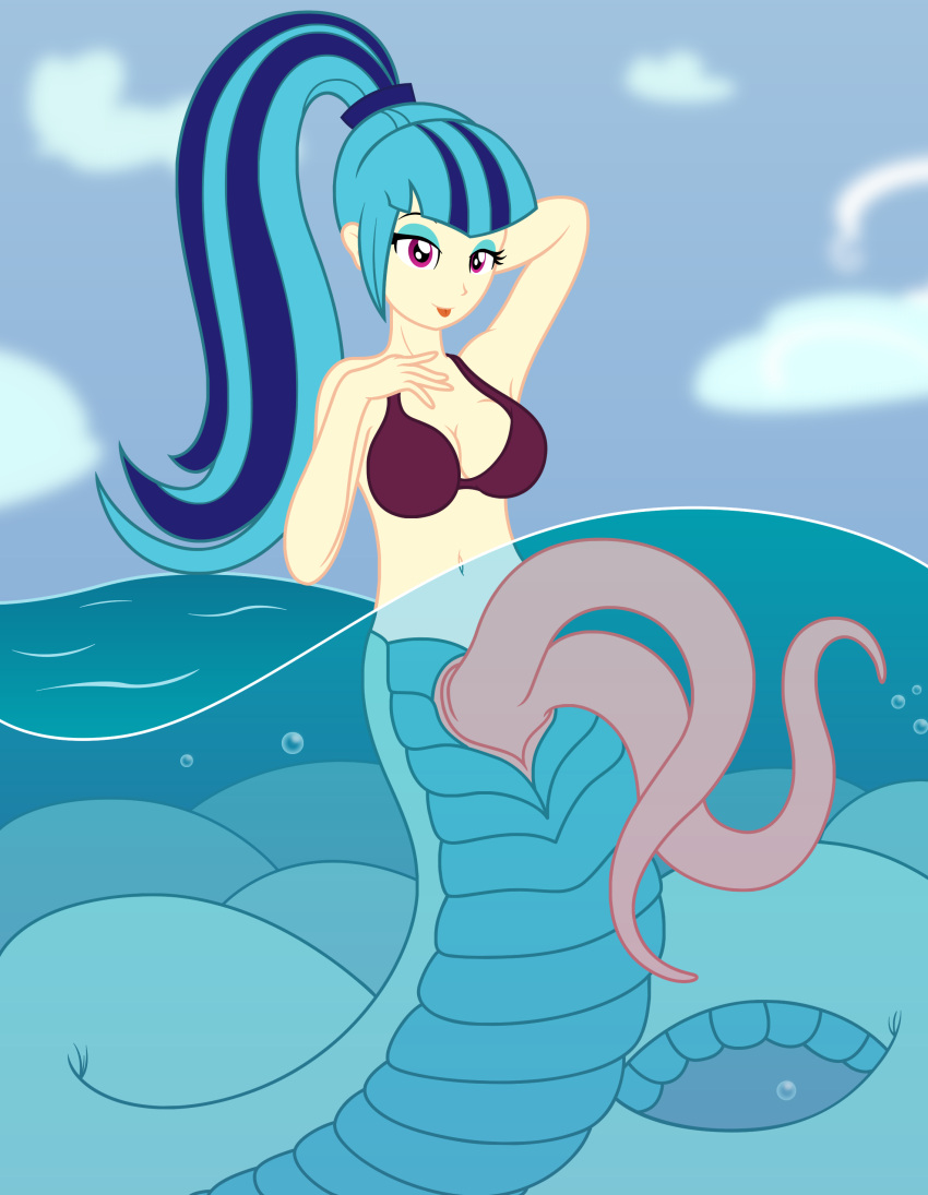 2_penises absurd_res badumsquish bikini bikini_top blue_hair clothing crossgender equestria_girls ftg_crossgender fti_crossgender genitals gynomorph hair hasbro hi_res humanoid intersex long_penis looking_at_viewer multi_genitalia multi_penis multicolored_hair my_little_pony penis purple_eyes sea_serpent siren solo sonata_dusk_(eg) swimwear tongue tongue_out two_tone_hair water