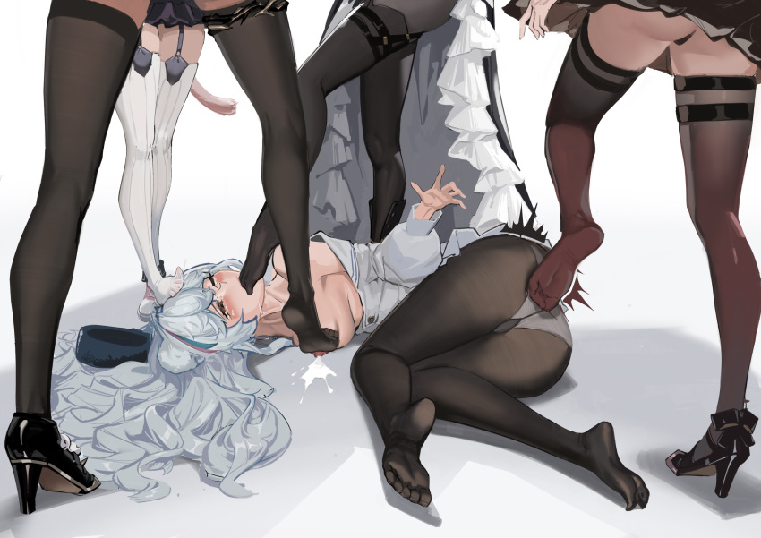5girls absurdres abuse animal_ears arknights bear black_pantyhose breast_milk bullying caijidayisheng commentary_request feet foot_focus foot_in_another's_face foot_on_face foot_on_head foot_worship goldenglow_(arknights) high_heels highres kicking legs licking licking_foot multiple_girls no_shoes panties pantyhose pantyshot penance_(arknights) polar_bear rosa_(arknights) sadism soles specter_(arknights) specter_the_unchained_(arknights) surtr_(arknights) toe_sucking toes trample underwear violence white_hair yuri