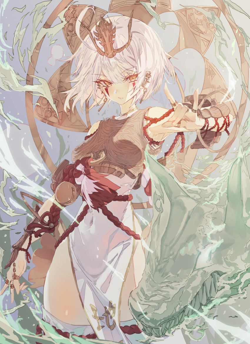 1girl absurdres arm_guards bangs breasts closed_mouth dress ear_piercing earrings facial_mark fox_shadow_puppet hair_between_eyes highres jewelry looking_at_viewer medium_breasts mont_blanca multiple_rings orange_eyes original piercing ring short_hair solo thighhighs v-shaped_eyebrows white_dress white_hair white_thighhighs