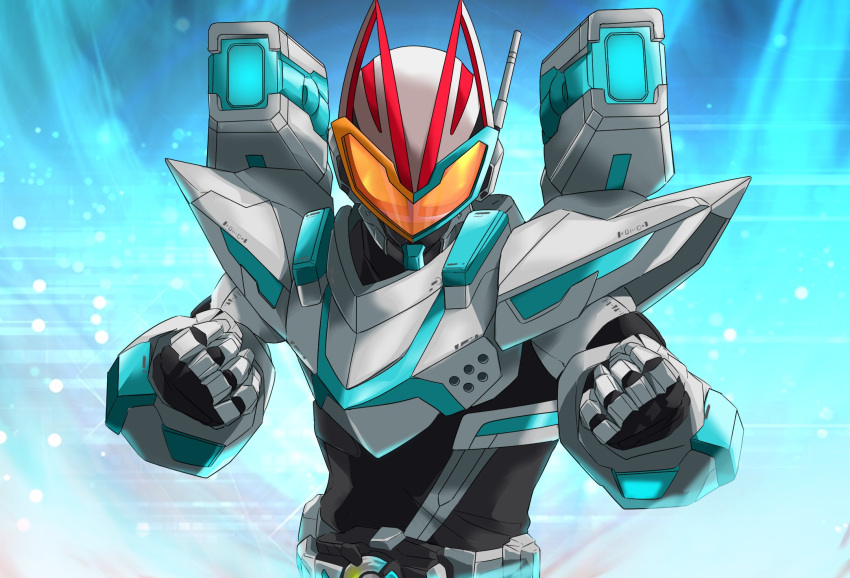 1boy animal_ears antennae black_bodysuit bodysuit clenched_hands desire_driver driver_(kamen_rider) earpiece fighting_stance fox fox_ears goggles highres kamen_rider kamen_rider_geats kamen_rider_geats_(series) kamen_rider_geats_command_form:cannon_form microphone miyabi_(037) orange_eyes orange_eyewear rider_belt shoulder_cannon tokusatsu upper_body visor_(armor)