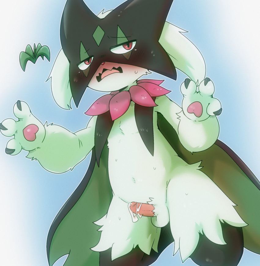 absurd_res anthro balls blush bodily_fluids claws cum cum_on_penis doneru embarrassed erection fangs felid feline fur generation_9_pokemon genital_fluids genitals green_balls green_body green_fur half-closed_eyes hi_res humanoid_genitalia humanoid_penis looking_at_viewer male mammal meowscarada narrowed_eyes navel nintendo pawpads paws penis pink_eyes pink_pawpads pink_penis plant pokemon pokemon_(species) simple_background small_penis solo sweat video_games wearing_mask