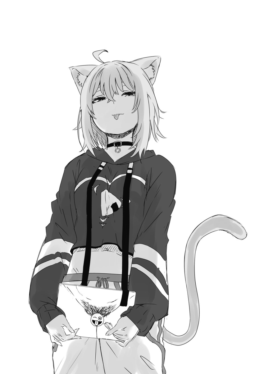 1girl animal_collar animal_ears cat_ears cat_girl cat_tail censored collar cowboy_shot female_pubic_hair greyscale groin half-closed_eyes highres holding holding_photo hololive hood hooded_sweater hoodie midriff monochrome nekomata_okayu novelty_censor pants photo_(object) pubic_hair senaka_(kamemusikiller0723) solo sweater sweatpants tail tongue tongue_out