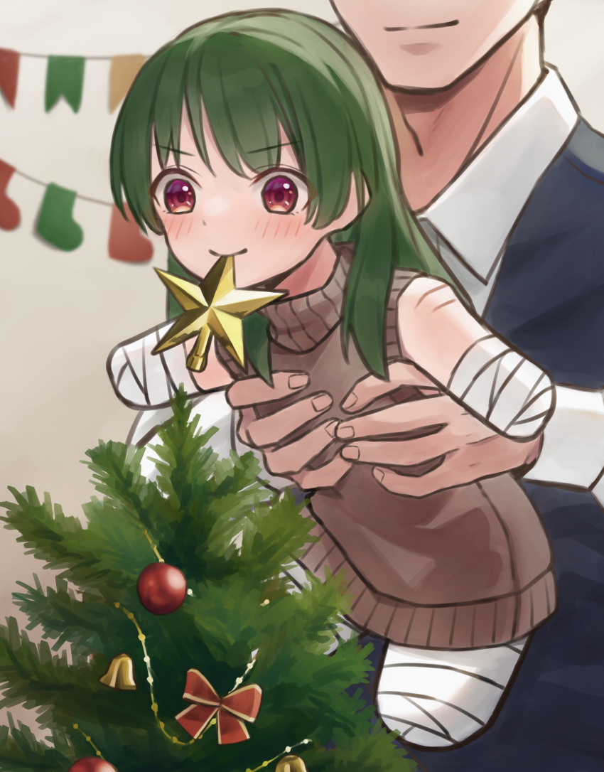 1boy 1girl absurdres amputee bandages bell christmas christmas_tree green_hair highres holding karabako_tanuki original quadruple_amputee red_eyes smile