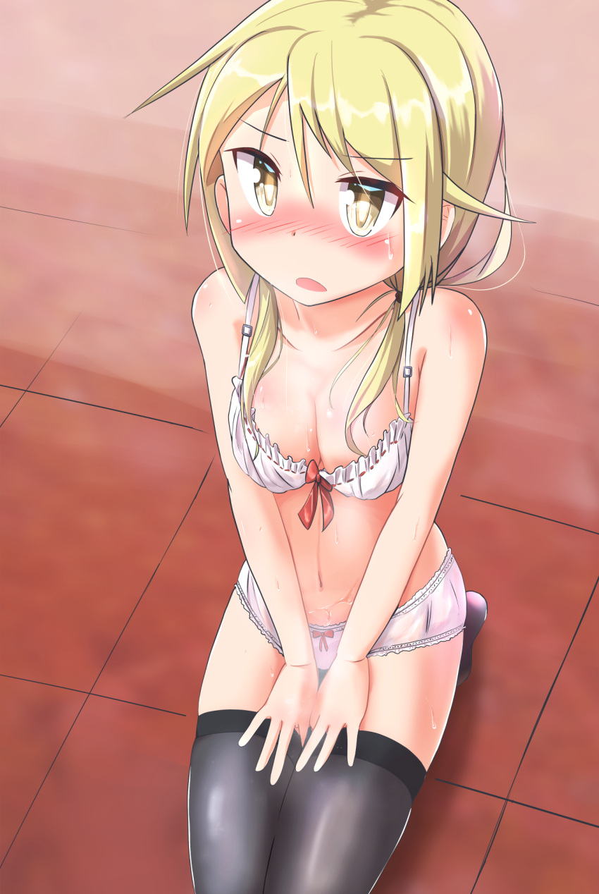 1girl bangs black_thighhighs blonde_hair blush bra breasts check_commentary cleavage commentary commentary_request embarrassed from_above hands_on_lap highres ichii_yui kneeling looking_up on_floor open_mouth panties short_twintails small_breasts socks steam sweat thighhighs tiles twintails underwear yellow_eyes yuukin yuyushiki