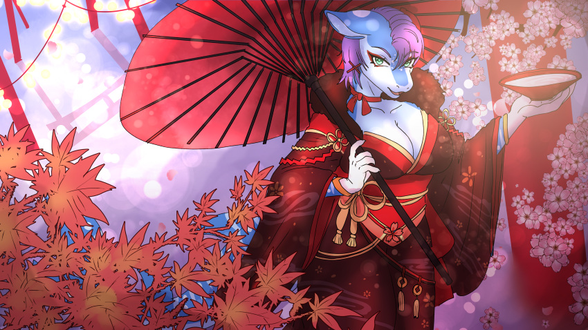 abstract_background absurd_res anthro asian_clothing big_breasts breasts carpet_shark cherry_blossom clothing east_asian_clothing eyeshadow female fish gloves green_eyes hair handwear hi_res japanese_clothing ketzel99 kimono leaf looking_at_viewer makeup marine plant purple_hair red_bowl red_clothing red_kimono red_umbrella rigel_(1stsavagery) shark solo whale_shark white_clothing white_gloves white_handwear