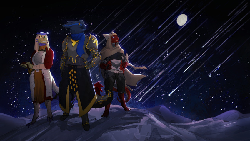 absurd_res anthro armor capcom clothing desert digital_media_(artwork) dragon dunes flying_wyvern hi_res juna_june_(lizzyglizzy) male meteor_shower monster_hunter moon nargacuga night ram_(reptilligator) reptile sand scales scalie silver_warrior08 vayhl'ayne_(undauntedvaliance) video_games