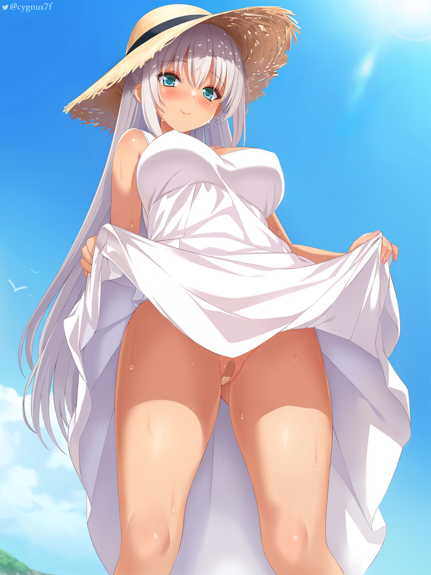 1girl artist_name bandaid bandaid_on_pussy bangs blue_sky blush breasts closed_mouth clothes_lift commentary_request cygnus_(cygnus7) day dress dress_lift hair_between_eyes hat highres large_breasts lifted_by_self long_hair no_panties original outdoors sky smile solo standing straw_hat sundress sunlight sweat tan twitter_logo twitter_username very_long_hair white_dress white_hair