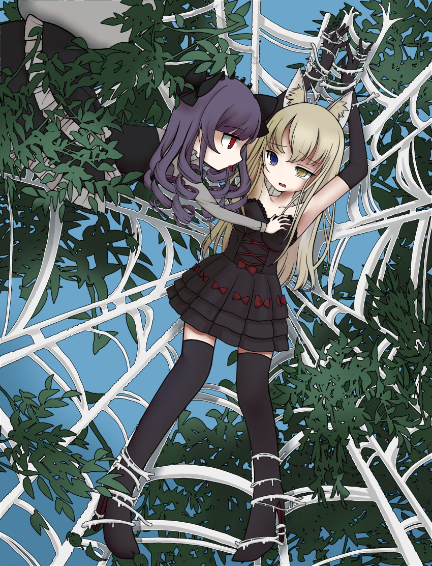 2girls absurdres animal_ears arachne_(mahou_shoujo_luna_no_sainan) arms_up arthropod_girl bare_shoulders black_dress black_footwear blonde_hair blue_eyes boots bow breast_grab cat_ears cat_girl commission corset dress drill_hair elbow_gloves gloves grabbing grey_shirt hair_bow heterochromia high_heel_boots high_heels highres leaf long_sleeves mahou_shoujo_luna_no_sainan multiple_girls namaste_koboo purple_hair red_eyes restrained shirt silk skeb_commission spider_girl spider_web thigh_boots tongue tongue_out yellow_eyes yuri