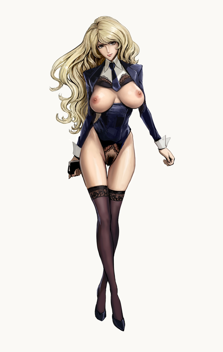 1girl black_footwear black_thighhighs blonde_hair blue_jacket blue_necktie breasts breasts_out brown_eyes closed_mouth crossed_ankles crotchless crotchless_panties female_pubic_hair full_body highres holding jacket large_breasts long_hair long_sleeves looking_at_viewer lupin_iii mine_fujiko necktie nipples no_bra no_pants panties pubic_hair simple_background solo standing thighhighs underwear wavy_hair zjl_baiqishi