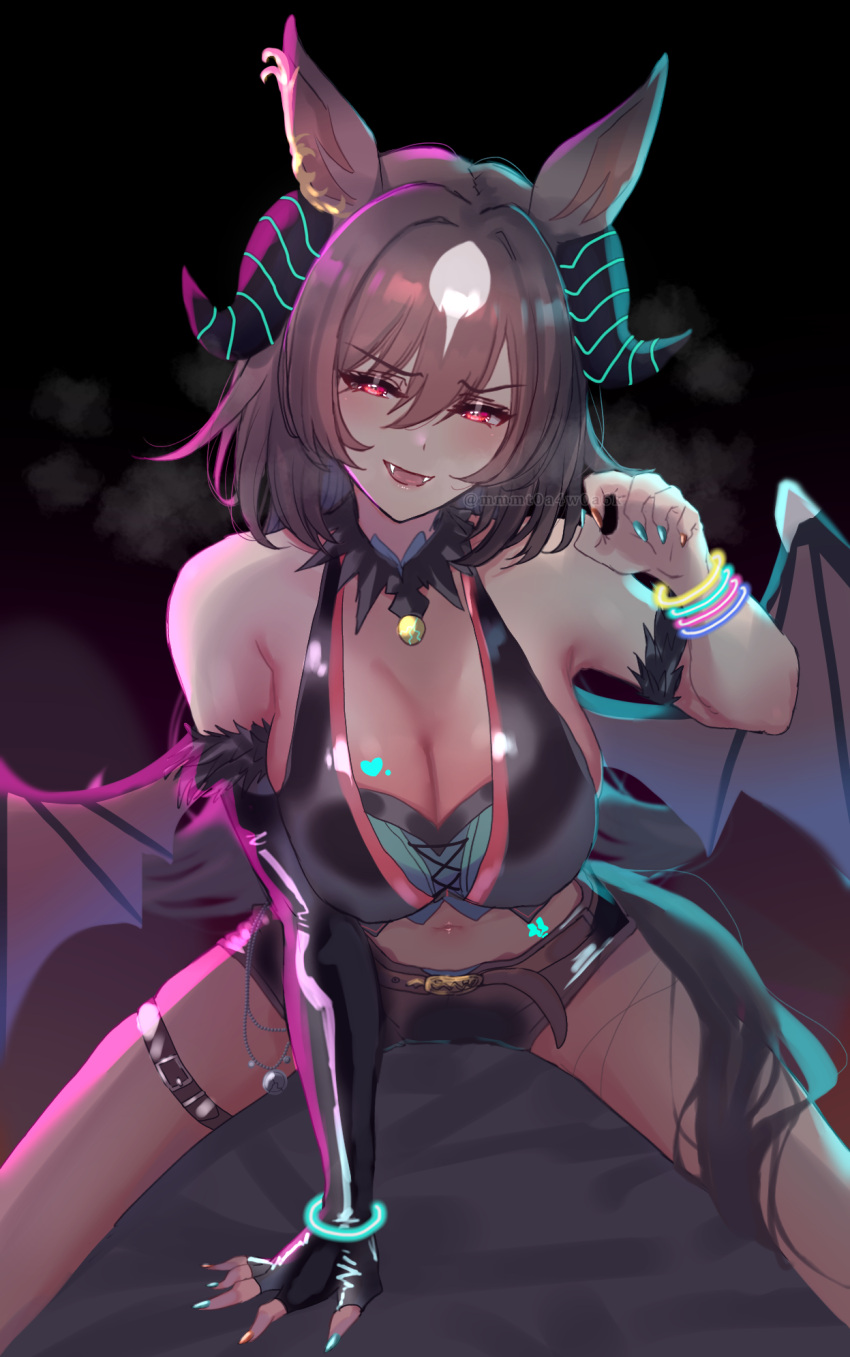 1girl alternate_costume animal_ears asymmetrical_gloves bare_shoulders belt bracelet breasts brown_hair cleavage commentary_request cosplay crop_top days_in_a_flash_(umamusume) ear_ornament elbow_gloves fake_horns fake_wings fangs gloves highres horns horse_ears horse_girl horse_tail jewelry large_breasts long_hair looking_at_viewer mejiro_palmer_(devil_in_the_moonlight)_(umamusume) mejiro_palmer_(umamusume) mejiro_palmer_(umamusume)_(cosplay) midriff mmmt0a4w0a6k multicolored_hair multicolored_nails nail_polish navel necklace on_bed open_mouth partially_fingerless_gloves red_eyes sirius_symboli_(umamusume) streaked_hair tail umamusume very_long_hair wings