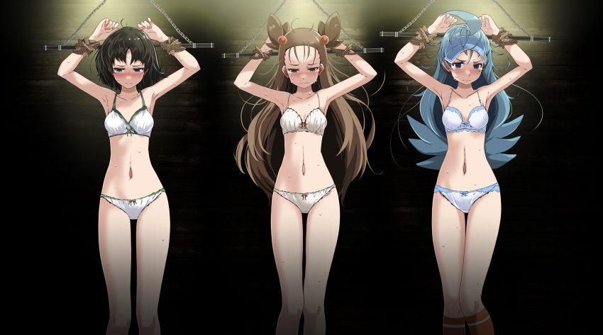 3girls armpits bdsm black_hair blue_hair blush bondage bound bra breasts brown_hair crying crying_with_eyes_open erika_(pokemon) highres jasmine_(pokemon) kahili_(pokemon) legs long_hair medium_breasts medium_hair multiple_girls panties pokemon pokemon_(game) pokemon_masters_ex standing sweat tears tsukishiro_saika underwear underwear_only white_bra white_panties