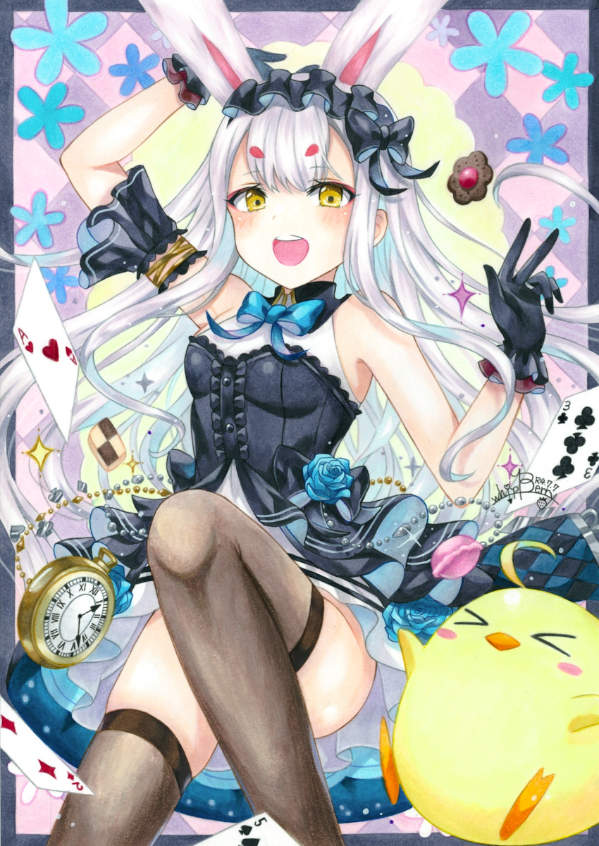 &gt;_&lt; 1girl absurdres ace_of_hearts animal_ears azur_lane black_dress black_gloves black_thighhighs blue_bow blue_flower blue_rose bow breasts card center_frills dress dress_flower flower food frilled_dress frilled_gloves frills gloves hairband heart highres layered_dress lolita_hairband long_hair looking_at_viewer macaron manjuu_(azur_lane) official_alternate_costume open_mouth playing_card pocket_watch rabbit_ears rabbit_girl rose shimakaze_(azur_lane) shimakaze_(the_white_rabbit_of_wonderland)_(azur_lane) sleeveless sleeveless_dress small_breasts solo thighhighs traditional_media two-tone_dress very_long_hair watch whipberry white_dress white_hair yellow_eyes