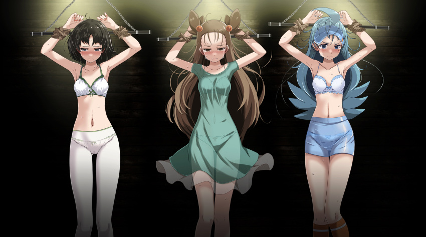 3girls bare_arms bdsm black_hair blue_hair blue_skirt blush bondage bound bra breasts brown_hair crying crying_with_eyes_open erika_(pokemon) highres jasmine_(pokemon) kahili_(pokemon) legs long_hair medium_breasts medium_hair multiple_girls pokemon pokemon_(game) pokemon_masters_ex see-through skirt standing tears tsukishiro_saika underwear white_bra