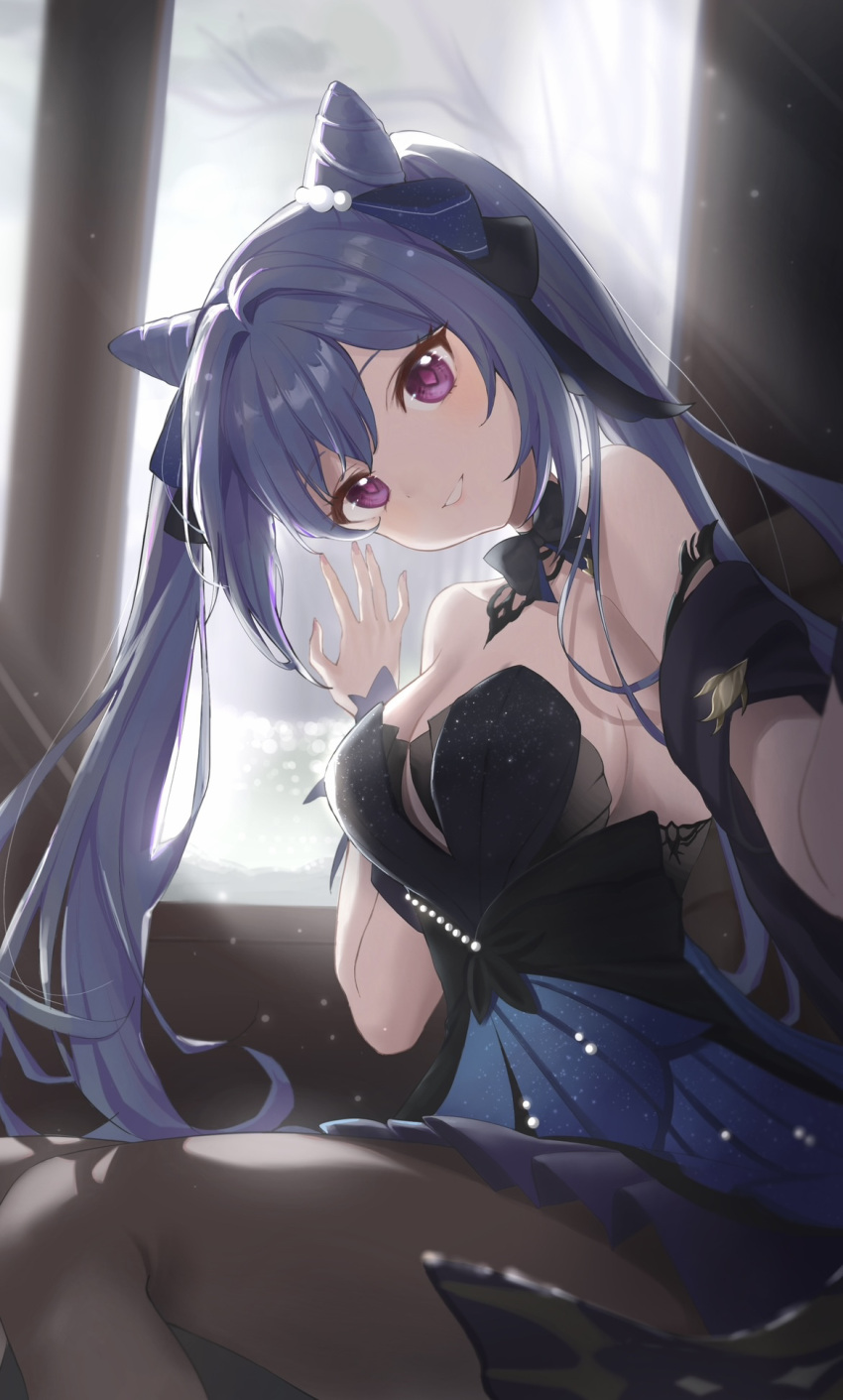 1girl against_glass bangs bare_shoulders beads black_pantyhose blurry bow breasts choker cleavage commentary_request cone_hair_bun depth_of_field double_bun dress genshin_impact hair_beads hair_between_eyes hair_bow hair_bun hair_ornament hair_ribbon head_tilt highres keqing_(genshin_impact) long_hair looking_at_viewer official_alternate_costume pantyhose parted_lips purple_eyes purple_hair ribbon sheng_zhidou short_sleeves sidelocks smile solo strapless strapless_dress twintails window