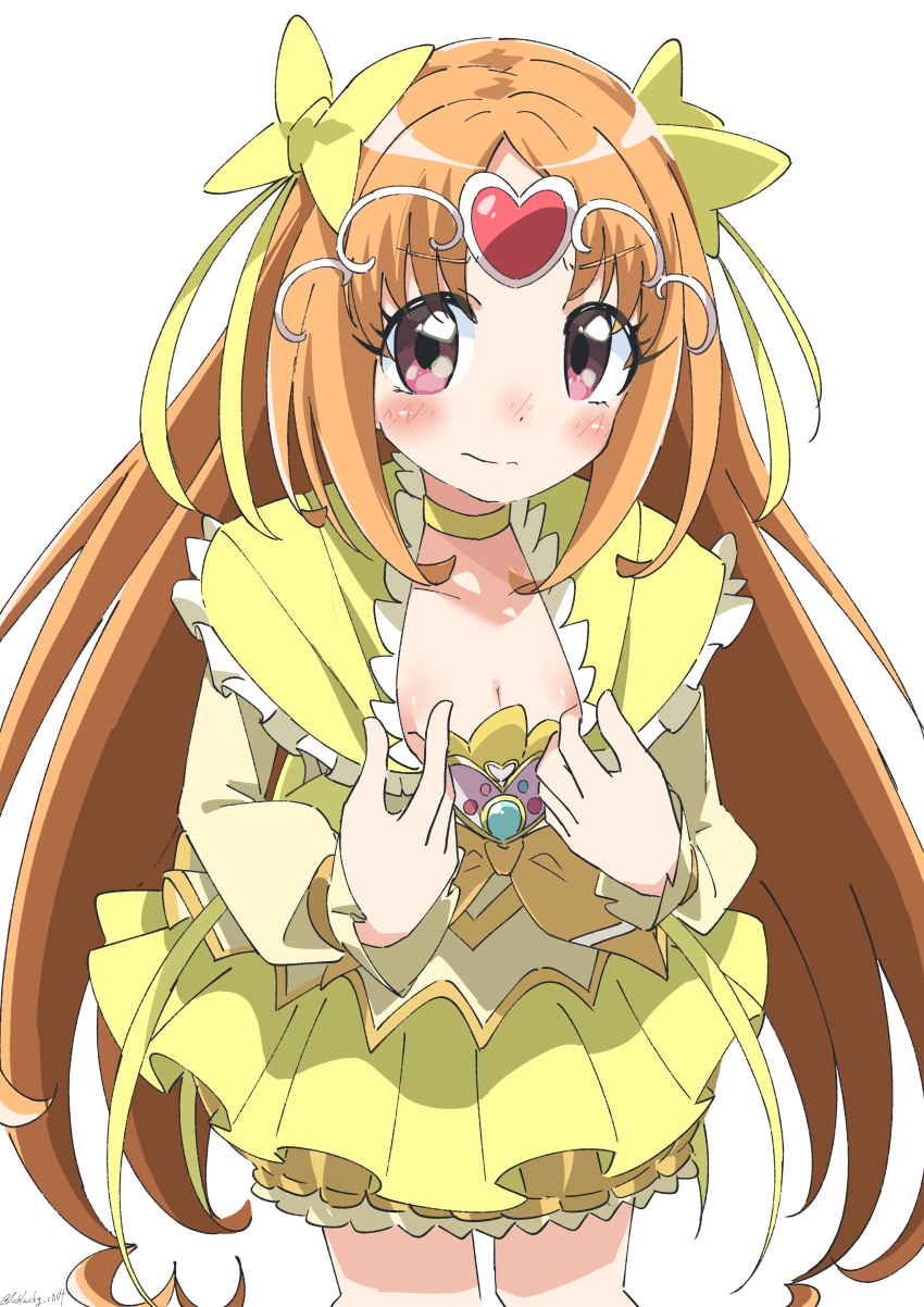 1girl absurdres bangs blush bow choker commentary_request commission cure_muse_(yellow) cynical_(llcbluckg_c004) frills hair_bow highres long_hair magical_girl orange_hair parted_bangs pink_eyes precure shirabe_ako skeb_commission solo suite_precure yellow_bow yellow_choker